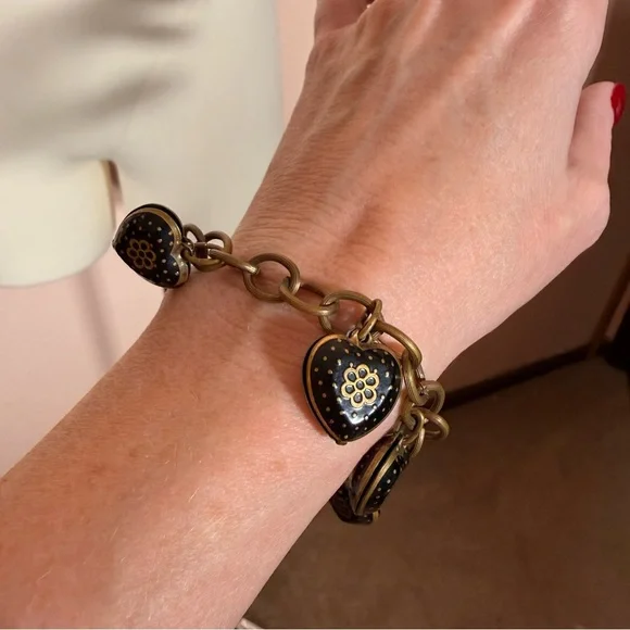 Antique Victorian revival art deco Brass Black enamel Heart Charm bracelet - Picture 15 of 17